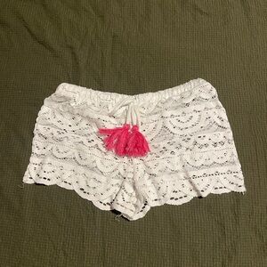 Miken Swim White Lace Shorts with Pink Tassels